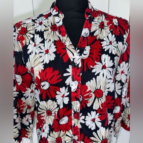 Alfred Dunner Blouse Shirt Top Womens Red 3/4 Sleeves Button Up size 10 (PETITE) - Picture 4 of 6